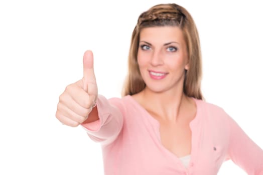 Studio recording of a young woman with a thumbs upstretched