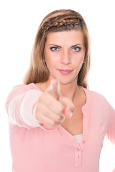 Studio recording of a young woman with an outstretched finger against a white background