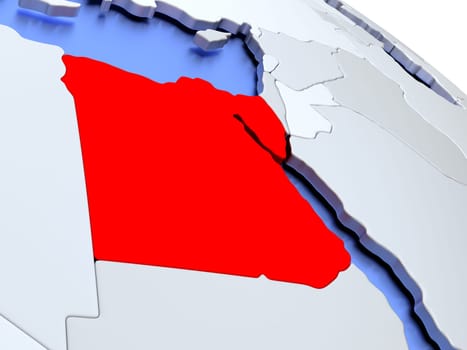 Map of Egypt on elegant silver 3D globe with blue oceans. 3D illustration