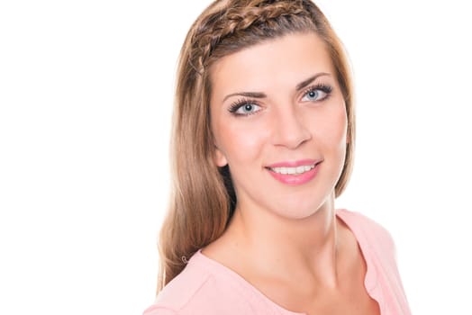 Portrait of a young woman against a white background