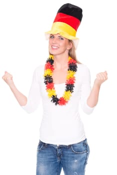 Studio recording of a young woman as a German football fan against a white background