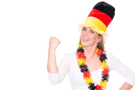 Studio recording of a young woman as a German football fan against a white background
