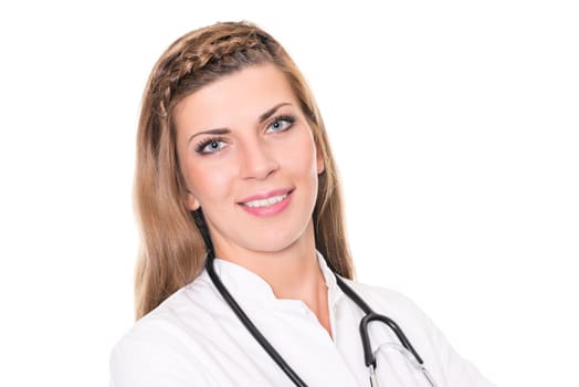 Studio recording of a young doctor against a white background