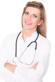 Studio recording of a young doctor against a white background
