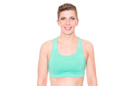 Studio recording of a young woman playing sports against a white background