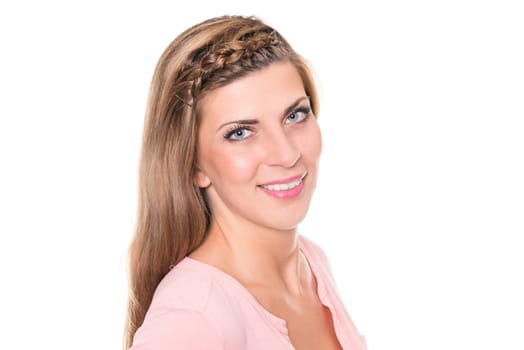 Portrait of a young woman against a white background