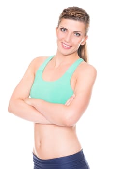 Studio recording of a young woman playing sports against a white background