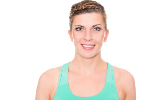 Studio recording of a young woman playing sports against a white background