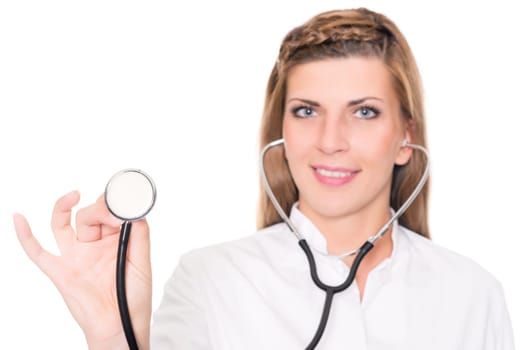 Studio recording of a young doctor against a white background