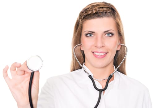 Studio recording of a young doctor against a white background