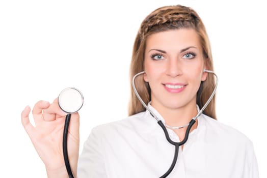 Studio recording of a young doctor against a white background