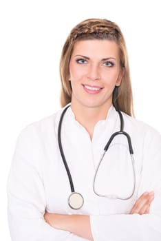 Studio recording of a young doctor against a white background