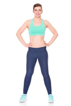 Studio recording of a young woman playing sports against a white background