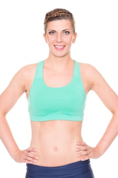 Studio recording of a young woman playing sports against a white background