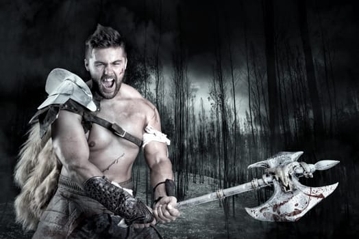 Ancient warrior or Gladiator ready to fight in a dark forest