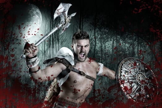 Ancient warrior or Gladiator ready to fight in a dark forest