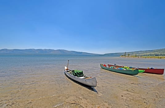 Canoes Parked for Lunch on Lewis Lake in Yellowstone National Park