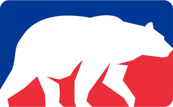 Illustration of a silhouette of a grizzly brown bear walking viewed from the side set inside rectangle shape done in retro style.