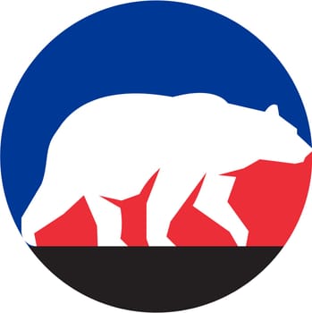 Illustration of a silhouette of a grizzly brown bear walking viewed from the side set inside circle done in retro style.