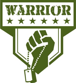 Illustration of a hand of a soldier clutching holding dogtag viewed from front set inside shield crest with stars and the word text Warrior done in retro style.