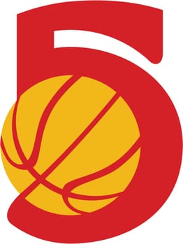 Illustration of a basketball ball inside number 5 set on isolated white background done in retro style.