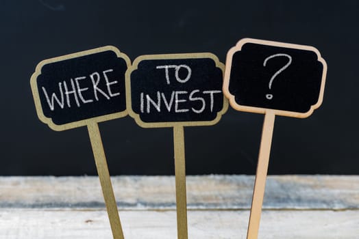 Business message WHERE TO INVEST ? written with chalk on wooden mini blackboard labels, defocused chalkboard and wood table in background