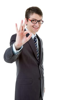 young business man winning, isolated on white