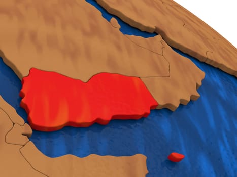 Map of Yemen on wooden globe. 3D illustration