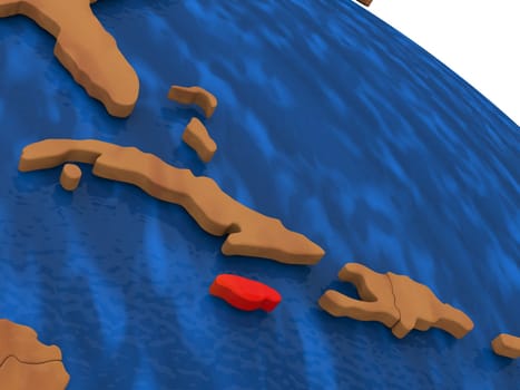 Map of Jamaica on wooden globe. 3D illustration