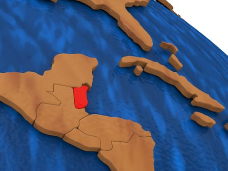 Map of Belize on wooden globe. 3D illustration