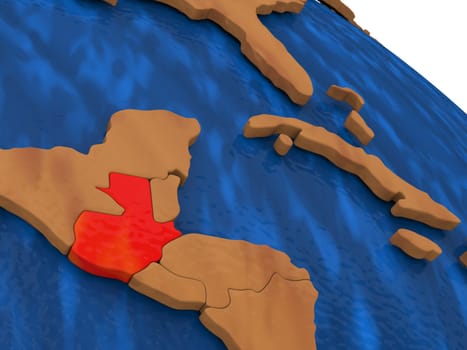 Map of Guatemala on wooden globe. 3D illustration