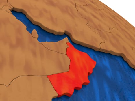 Map of Oman on wooden globe. 3D illustration