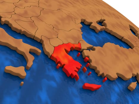 Map of Greece on wooden globe. 3D illustration