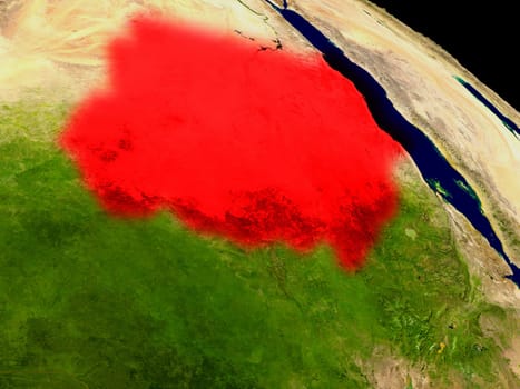 Sudan from space in red. 3D illustration with highly detailed realistic planet surface. Elements of this image furnished by NASA.