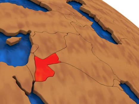 Map of Jordan on wooden globe. 3D illustration