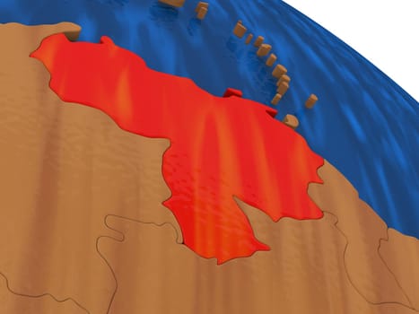 Map of Venezuela on wooden globe. 3D illustration