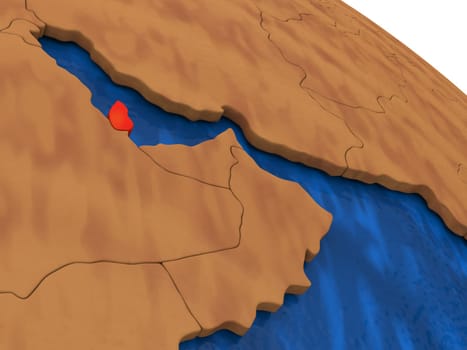 Map of Qatar on wooden globe. 3D illustration