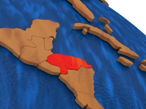 Map of Honduras on wooden globe. 3D illustration
