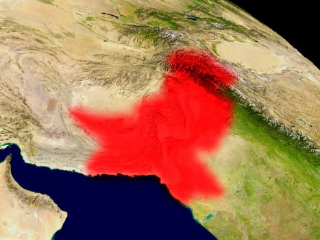Pakistan from space in red. 3D illustration with highly detailed realistic planet surface. Elements of this image furnished by NASA.