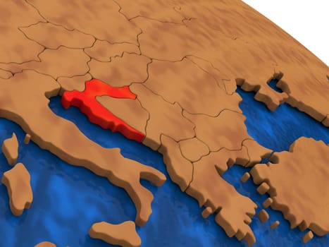Map of Croatia on wooden globe. 3D illustration