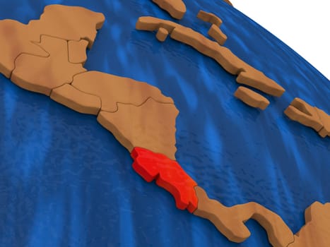 Map of Costa Rica on wooden globe. 3D illustration