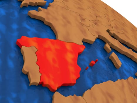 Map of Spain on wooden globe. 3D illustration