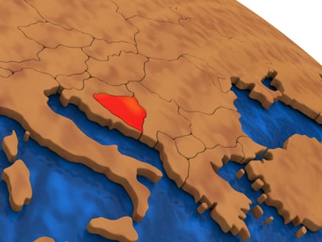 Map of Bosnia on wooden globe. 3D illustration