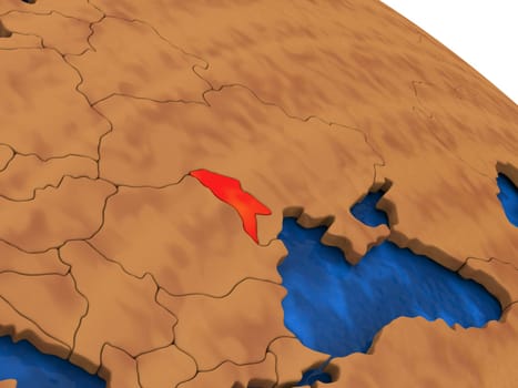 Map of Moldova on wooden globe. 3D illustration