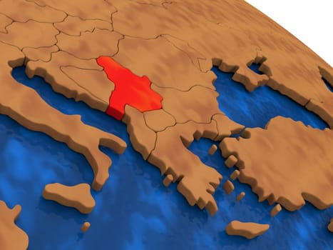 Map of Serbia on wooden globe. 3D illustration