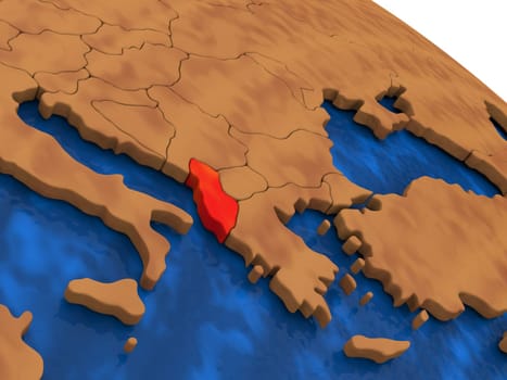 Map of Albania on wooden globe. 3D illustration