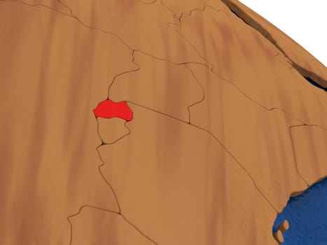 Map of Rwanda on wooden globe. 3D illustration