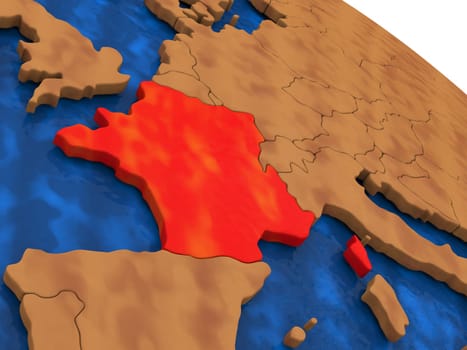 Map of France on wooden globe. 3D illustration