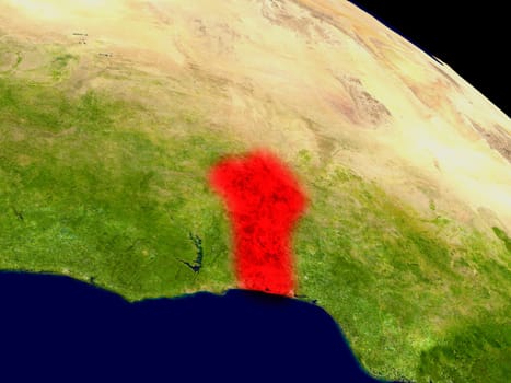 Benin from space in red. 3D illustration with highly detailed realistic planet surface. Elements of this image furnished by NASA.