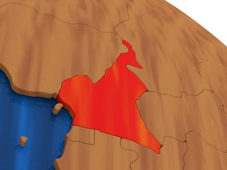 Map of Cameroon on wooden globe. 3D illustration